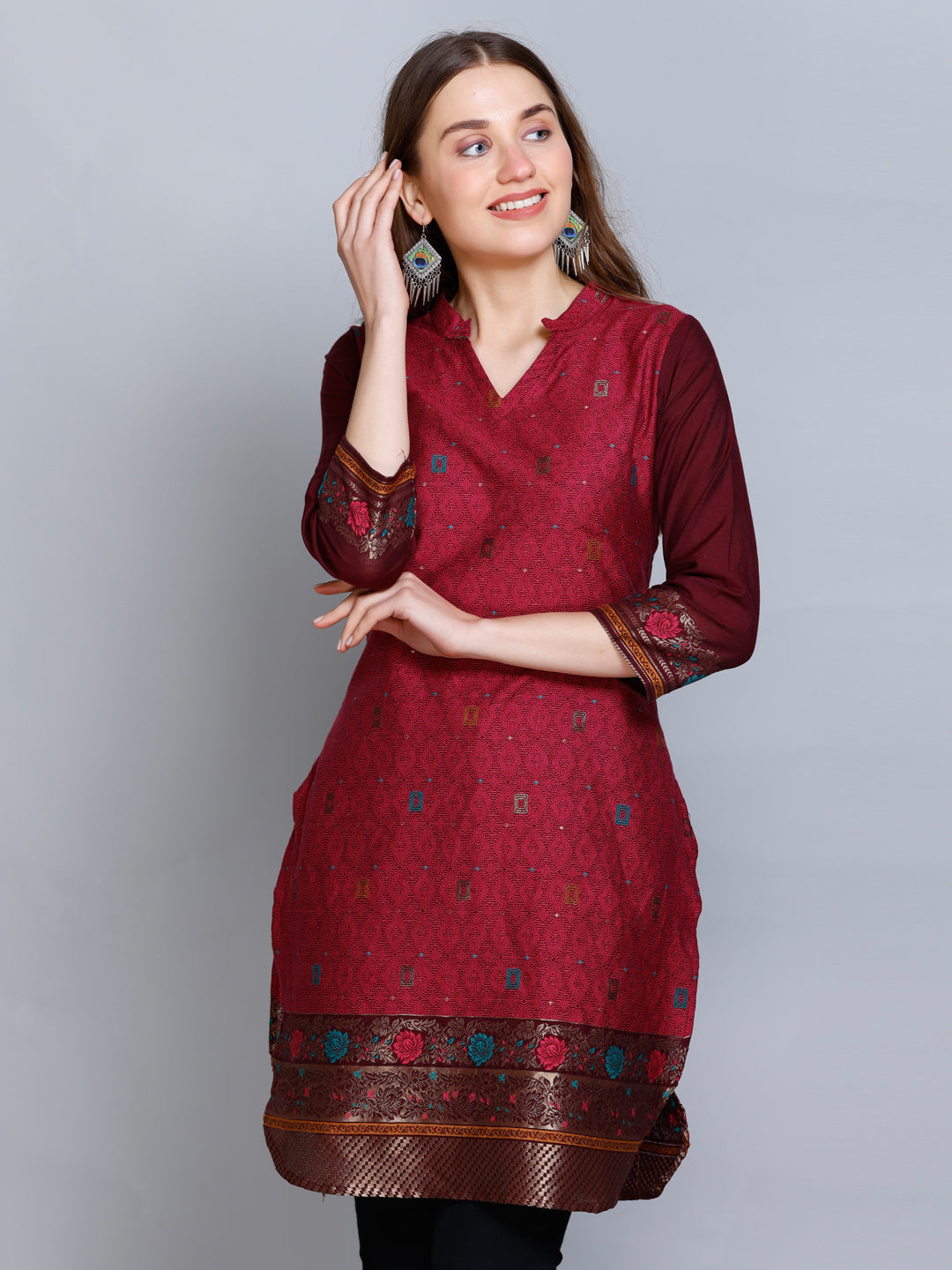 Kidar - Dark Mehroon V-Neck Cotton Silk Kurti by Kidar