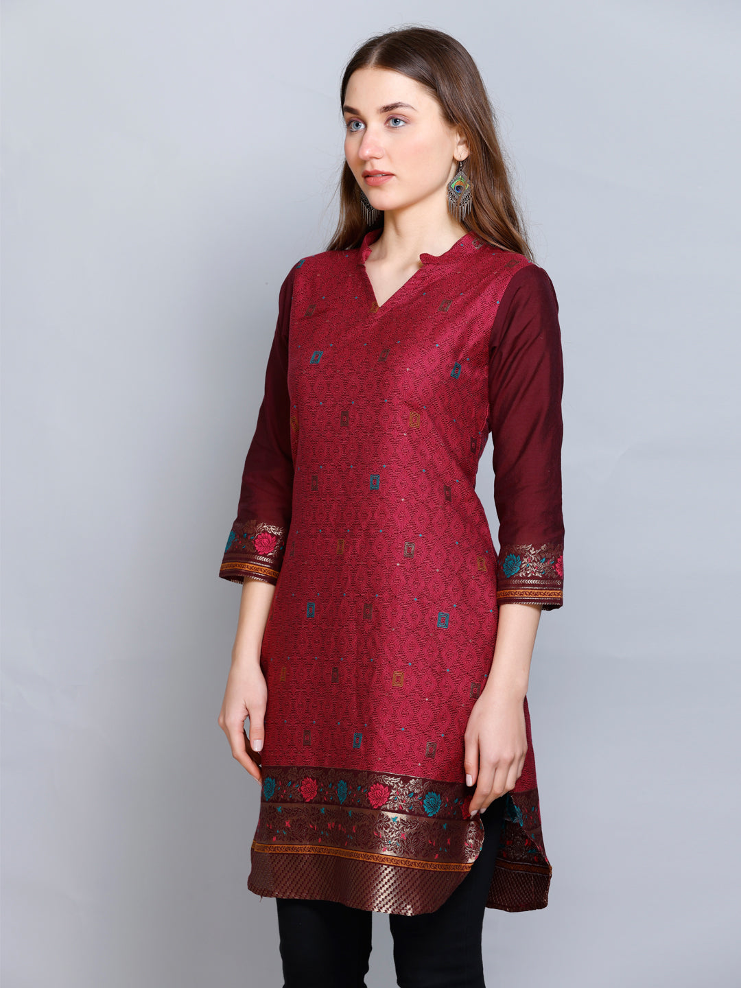 Kidar - Dark Mehroon V-Neck Cotton Silk Kurti by Kidar