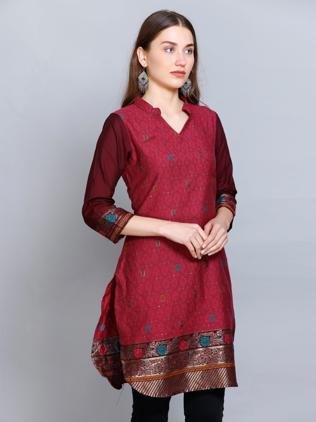 Kidar - Dark Mehroon V-Neck Cotton Silk Kurti by Kidar