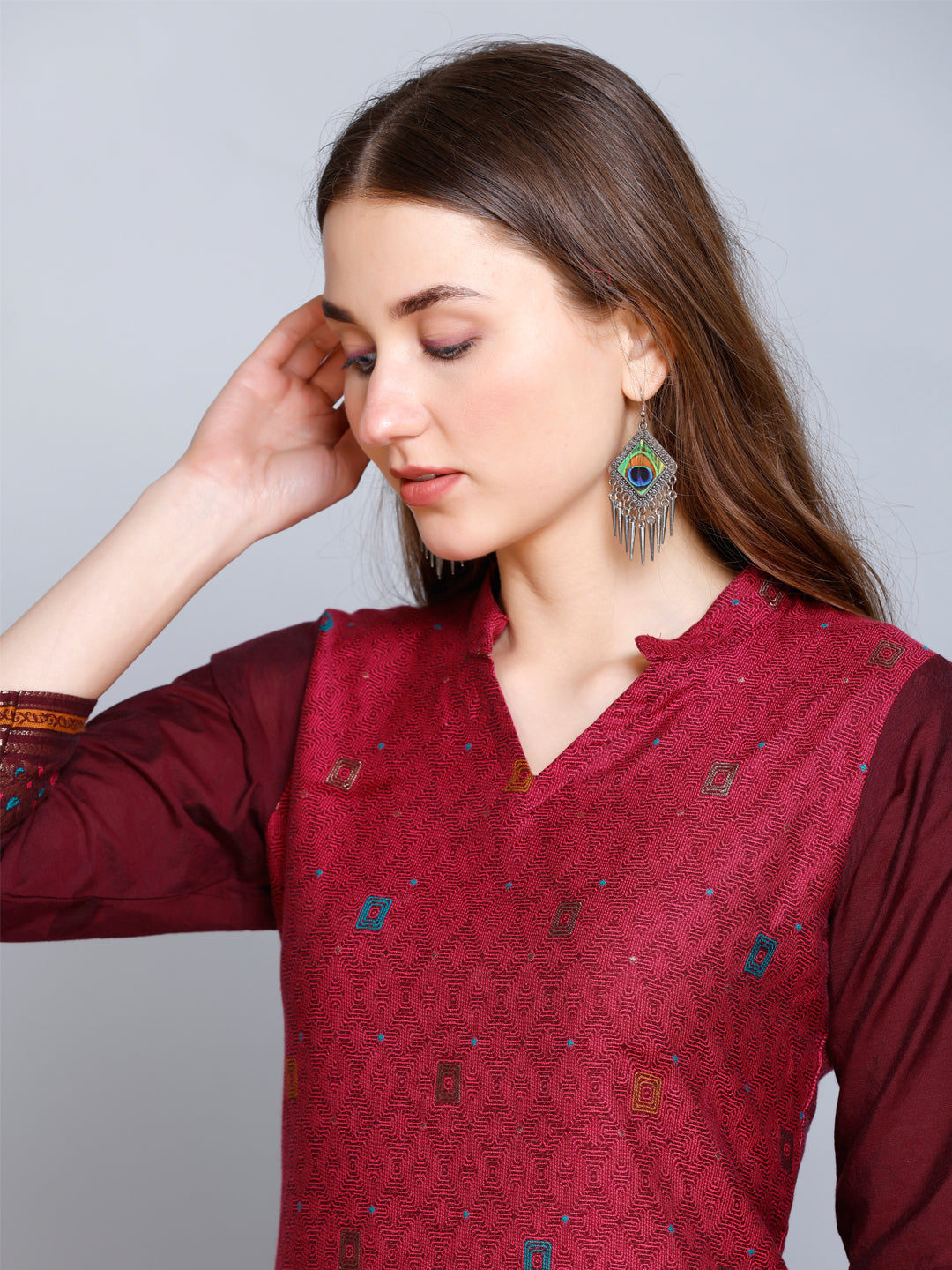 Kidar - Dark Mehroon V-Neck Cotton Silk Kurti by Kidar