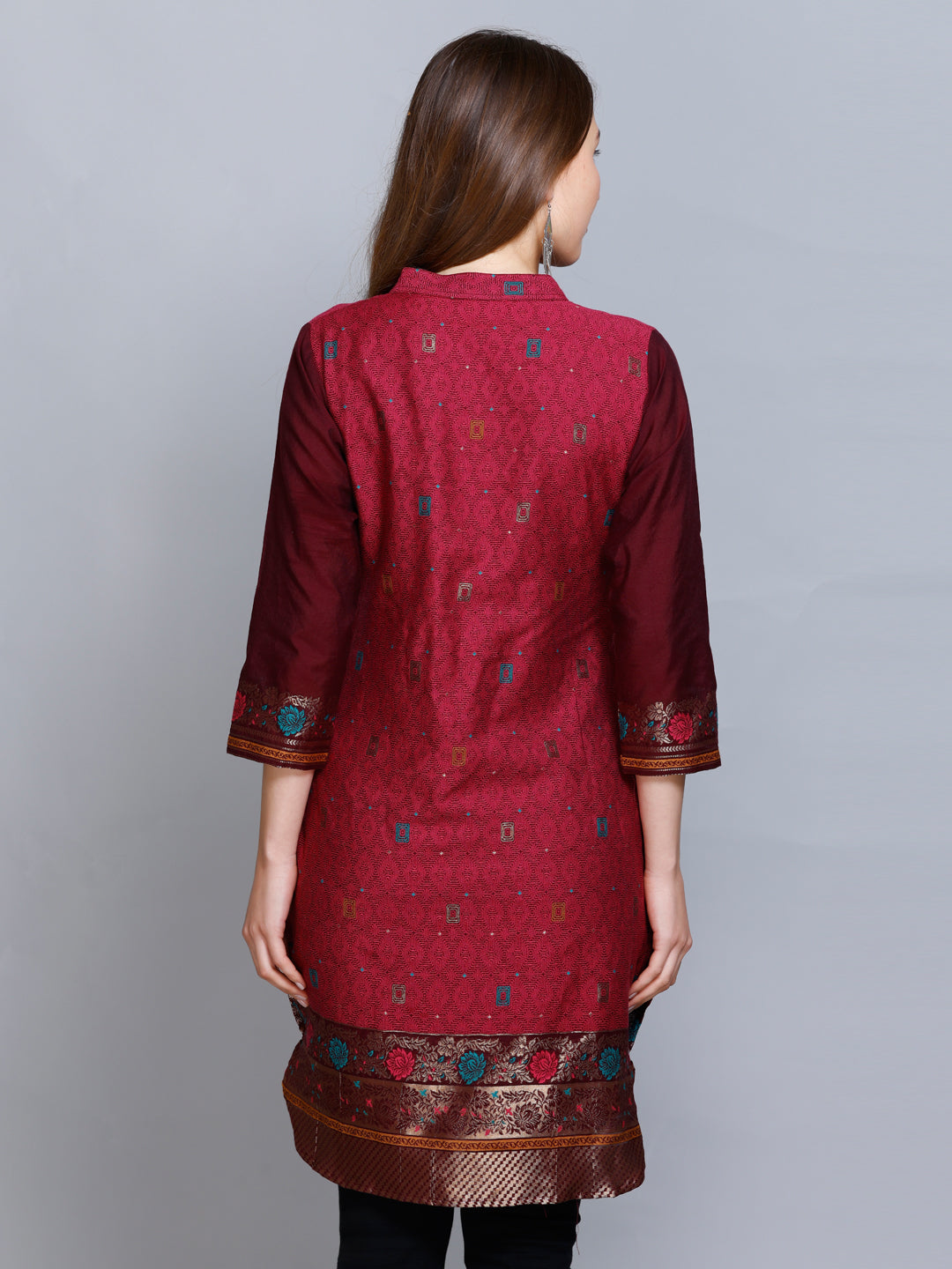 Kidar - Dark Mehroon V-Neck Cotton Silk Kurti by Kidar