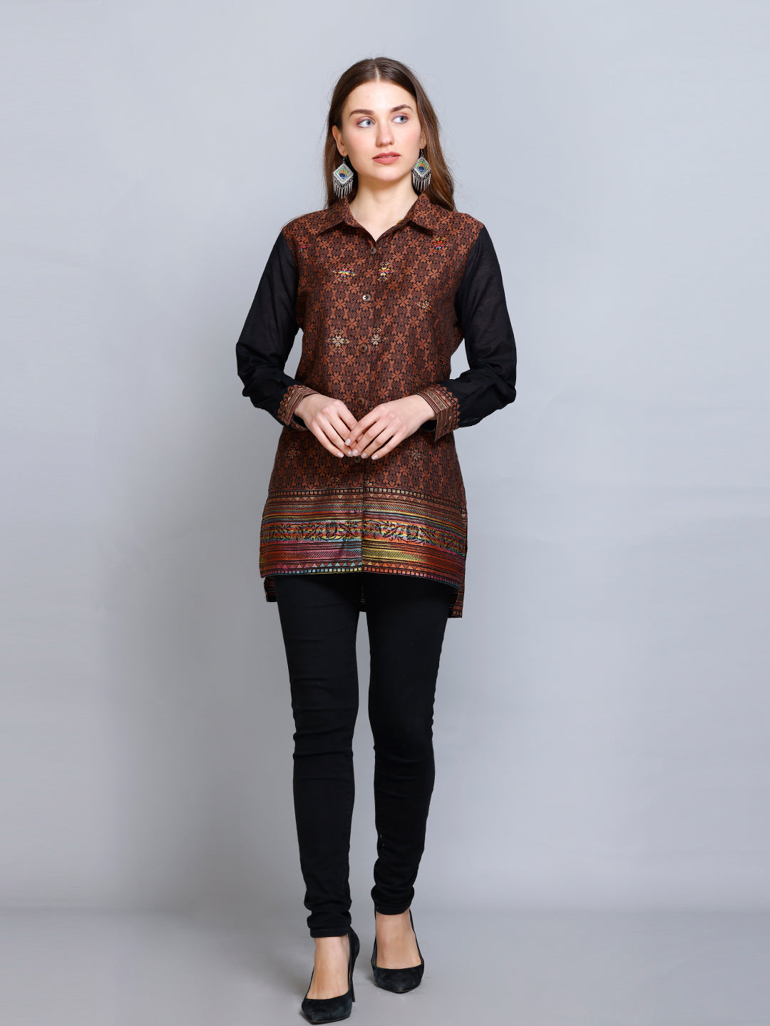 Kidar - Collared Neck Women's Shirt in Printed Cotton Silk