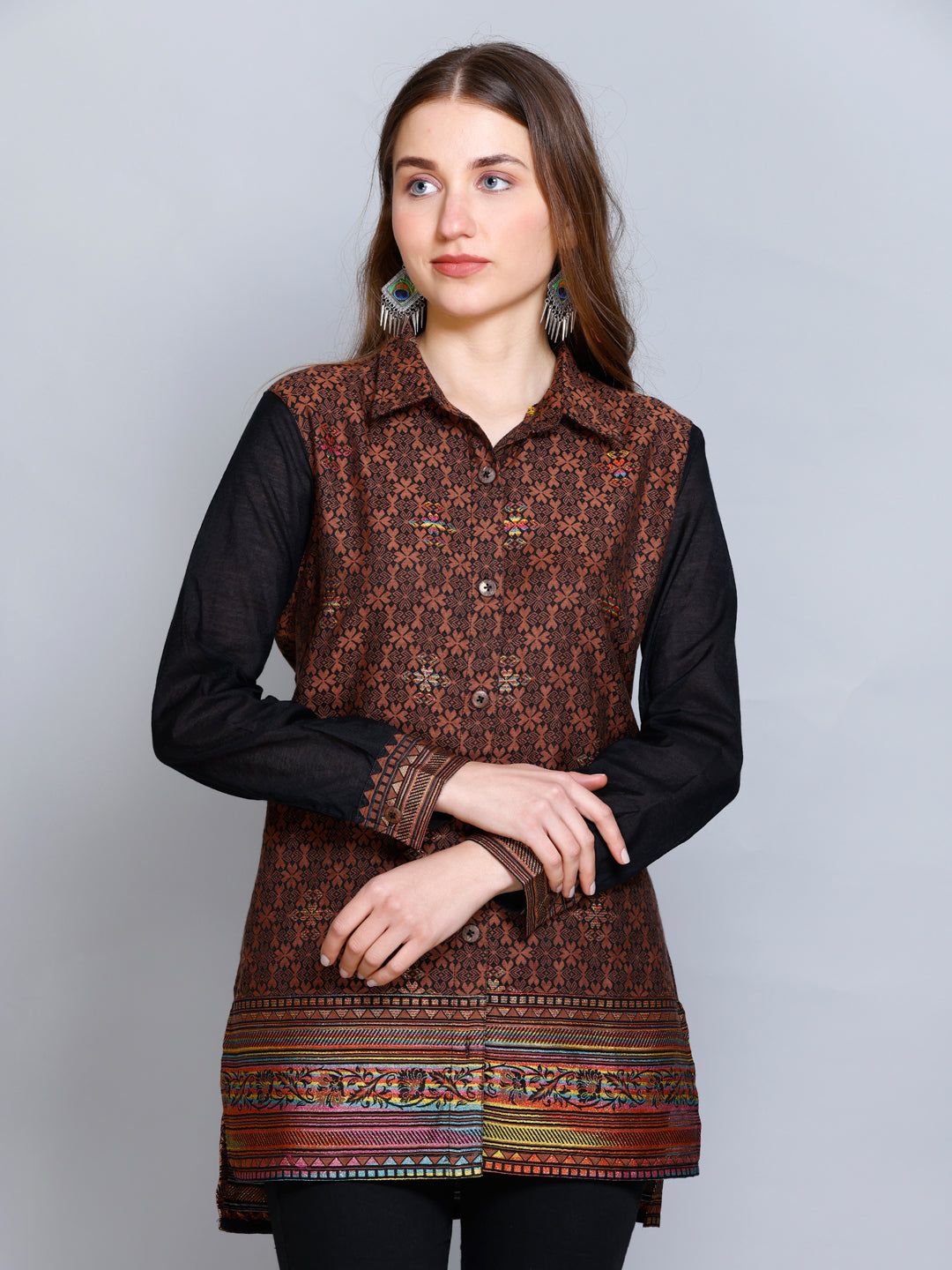 Kidar - Collared Neck Women's Shirt in Printed Cotton Silk