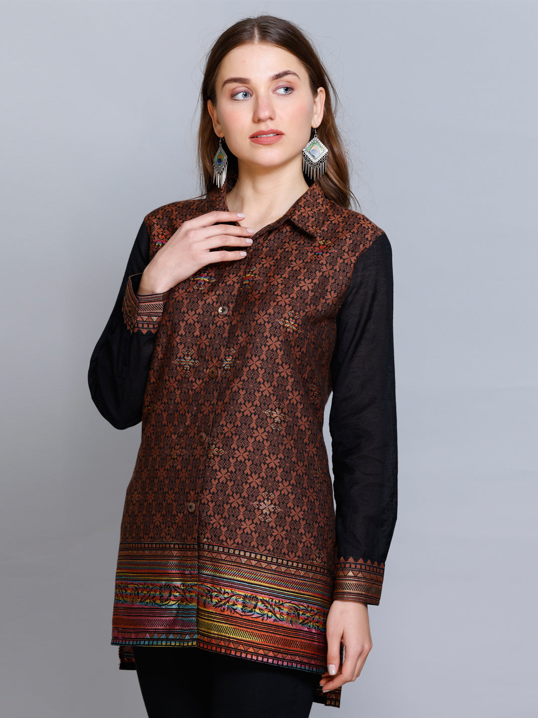 Kidar - Collared Neck Women's Shirt in Printed Cotton Silk