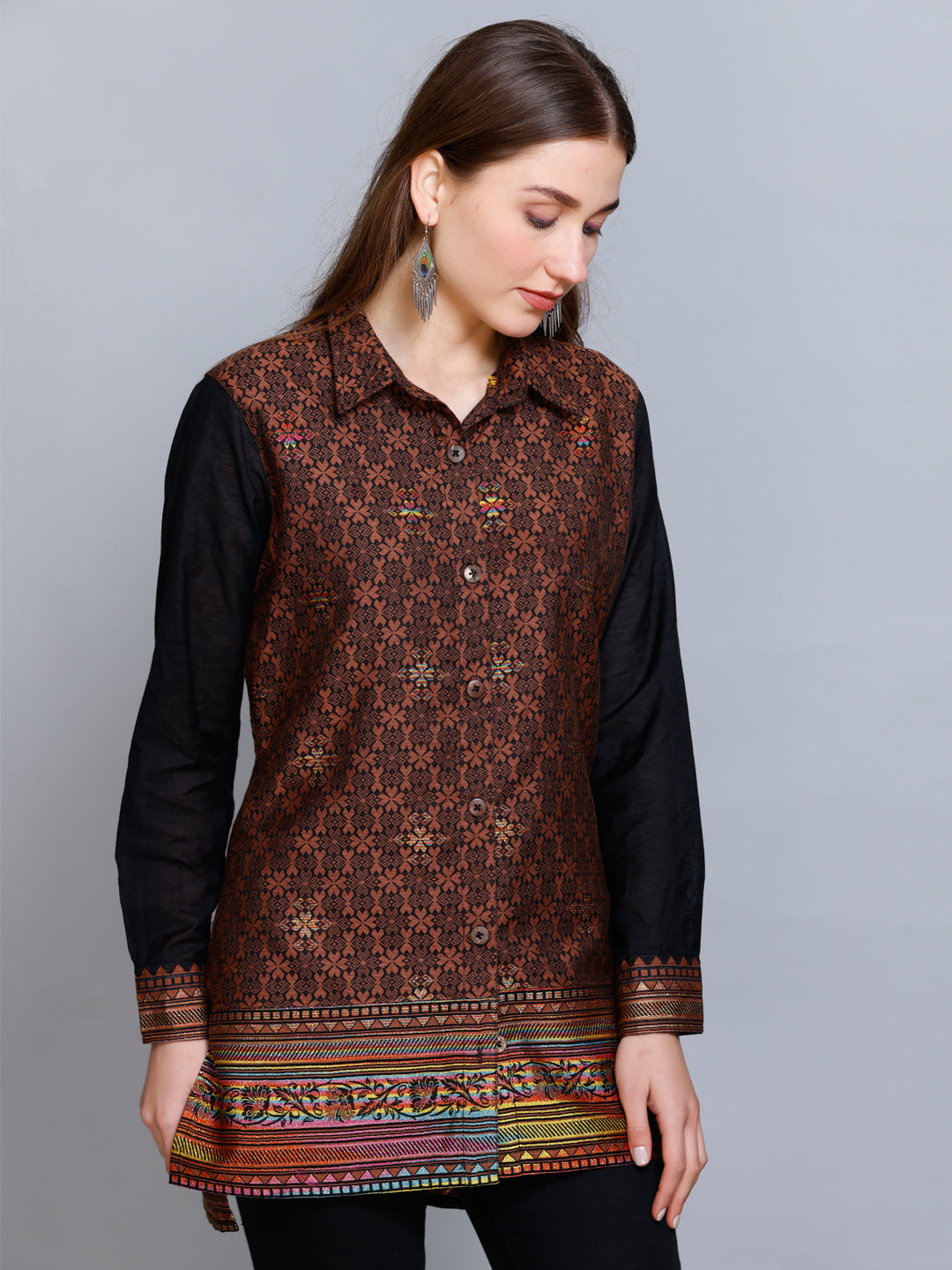 Kidar - Collared Neck Women's Shirt in Printed Cotton Silk