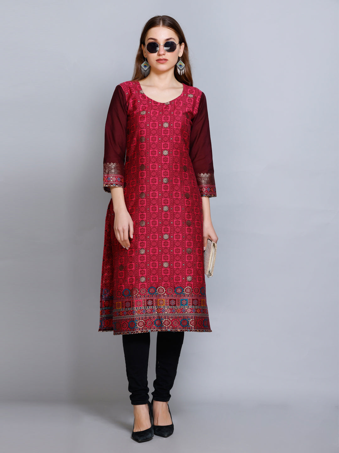 Kidar - Dark Mehroon U-Neck Cotton Silk Kurti by Kidar