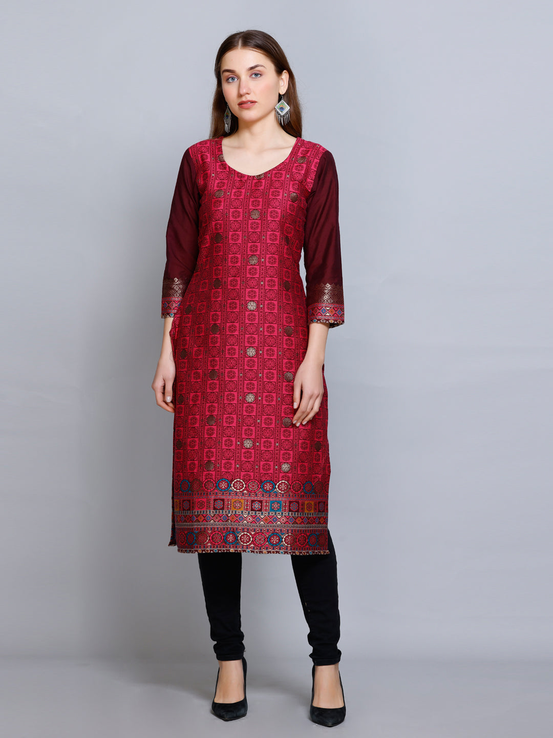 Kidar - Dark Mehroon U-Neck Cotton Silk Kurti by Kidar