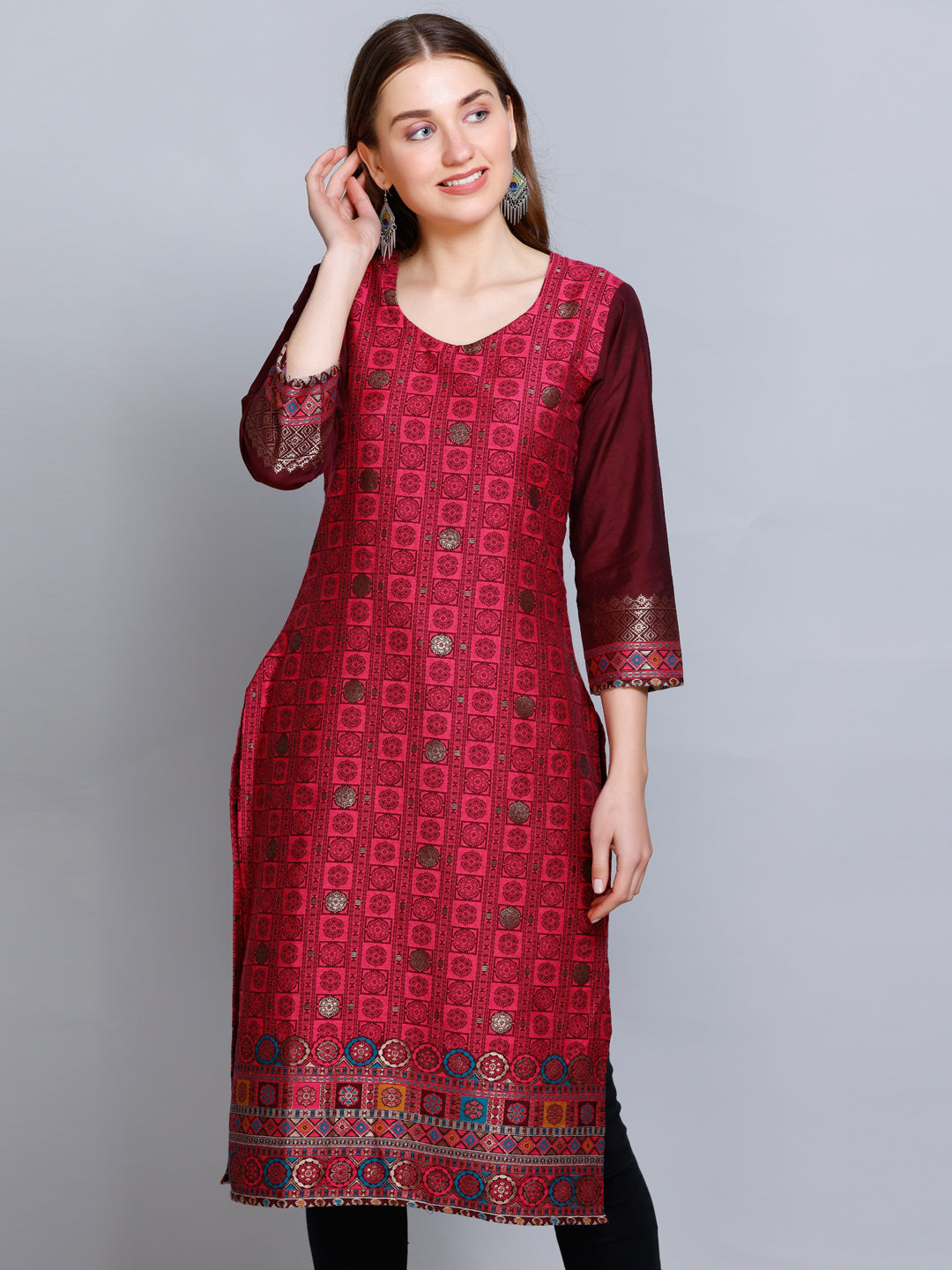 Kidar - Dark Mehroon U-Neck Cotton Silk Kurti by Kidar