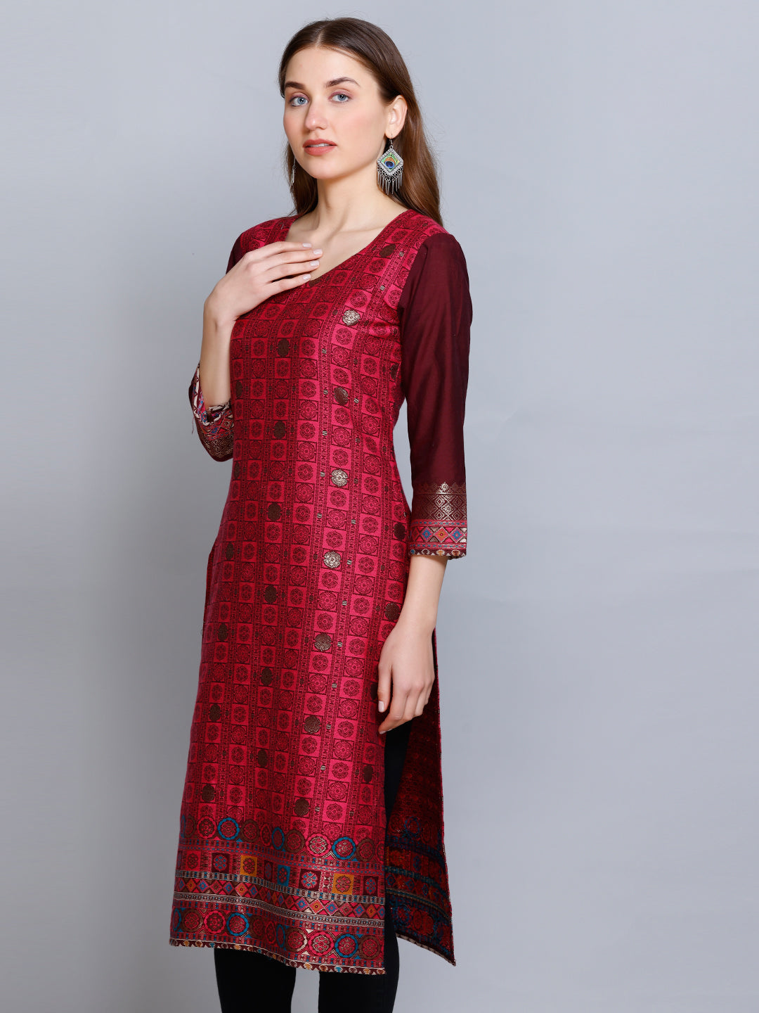 Kidar - Dark Mehroon U-Neck Cotton Silk Kurti by Kidar