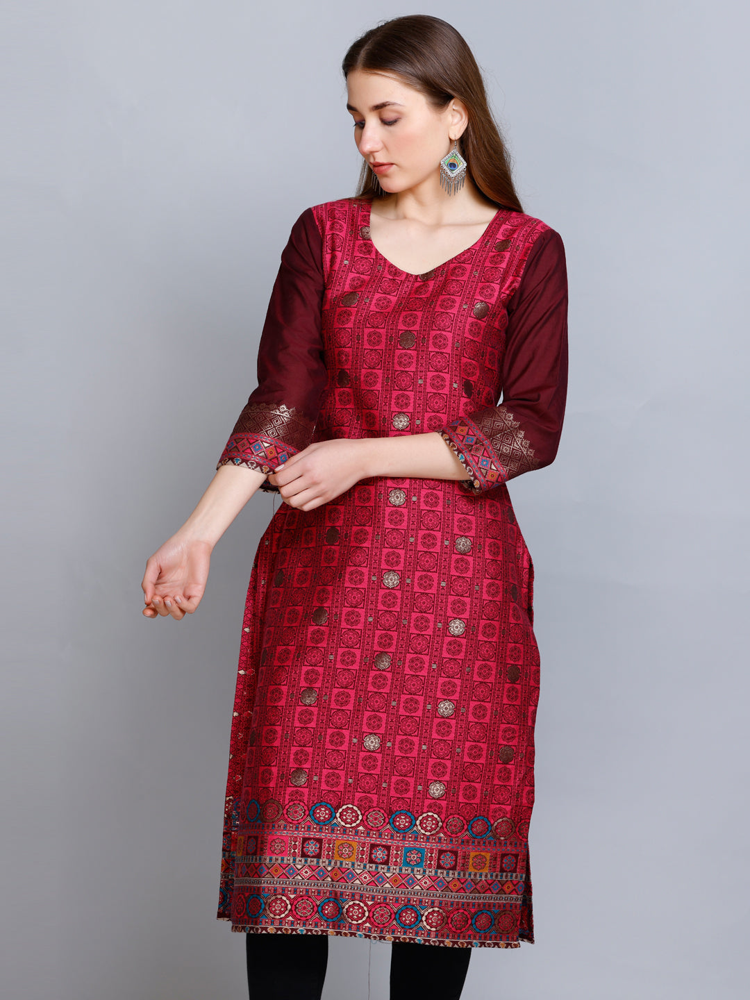 Kidar - Dark Mehroon U-Neck Cotton Silk Kurti by Kidar