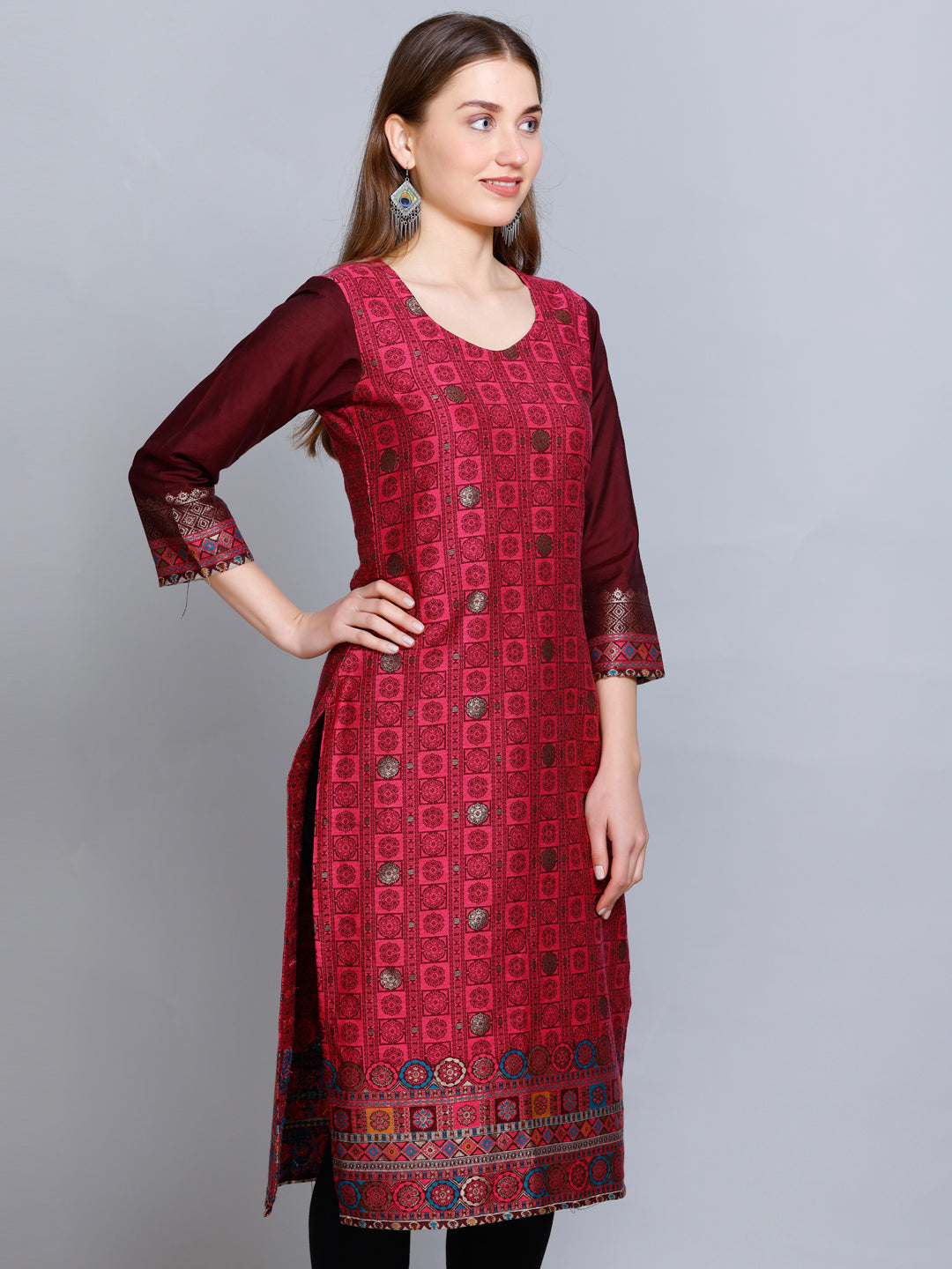 Kidar - Dark Mehroon U-Neck Cotton Silk Kurti by Kidar