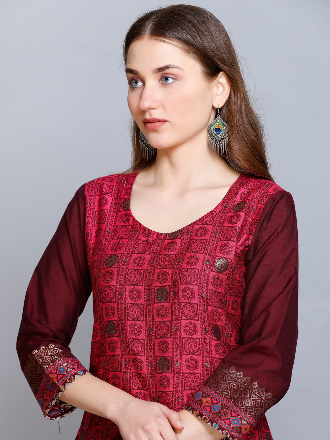 Kidar - Dark Mehroon U-Neck Cotton Silk Kurti by Kidar