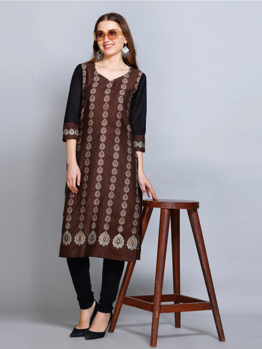 Kidar - Coffee Sweetheart Neck Cotton Silk Kurti by Kidar