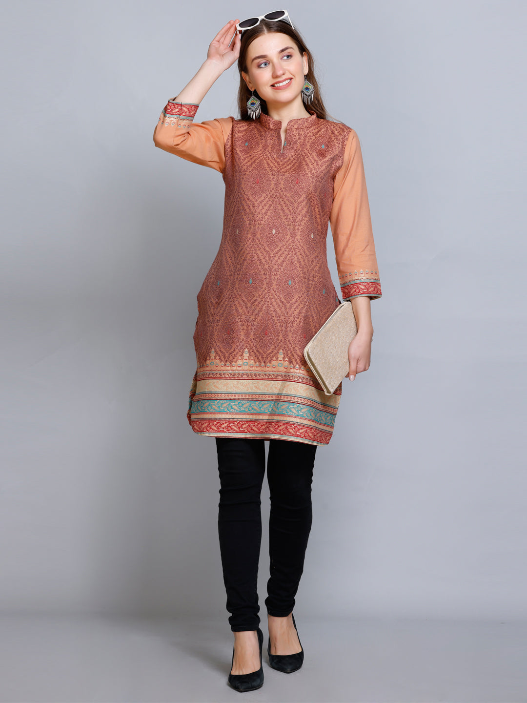 Coffee Collared Scoop Neck Cotton Silk Kurti by Kidar