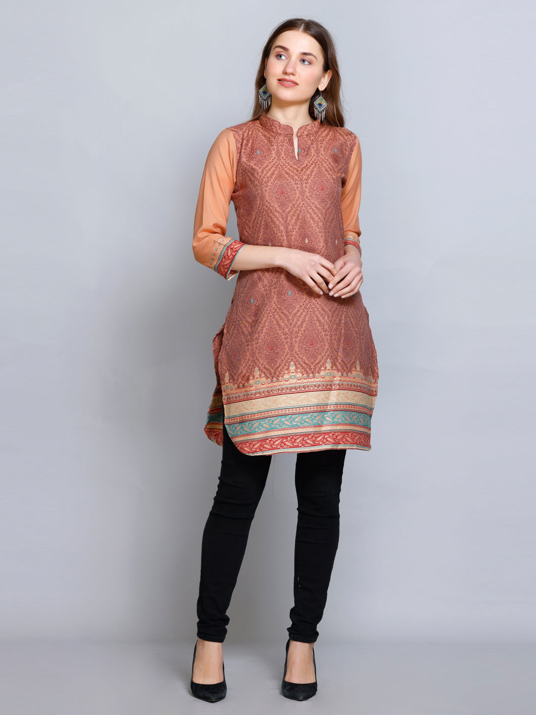 Coffee Collared Scoop Neck Cotton Silk Kurti by Kidar