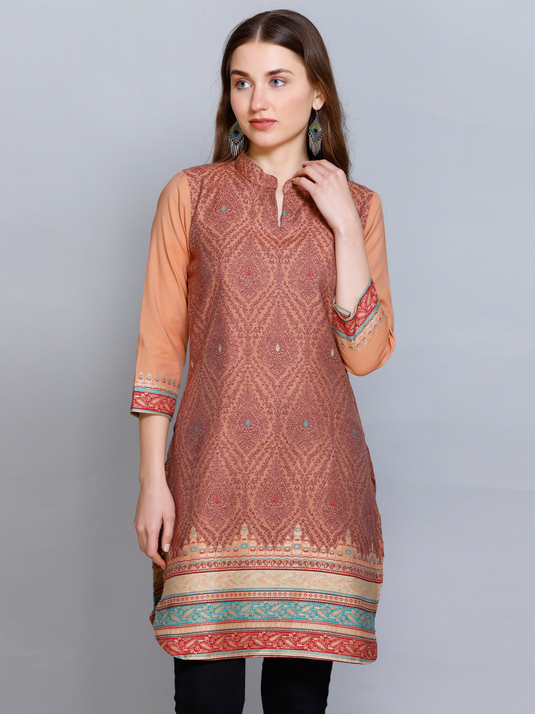 Coffee Collared Scoop Neck Cotton Silk Kurti by Kidar