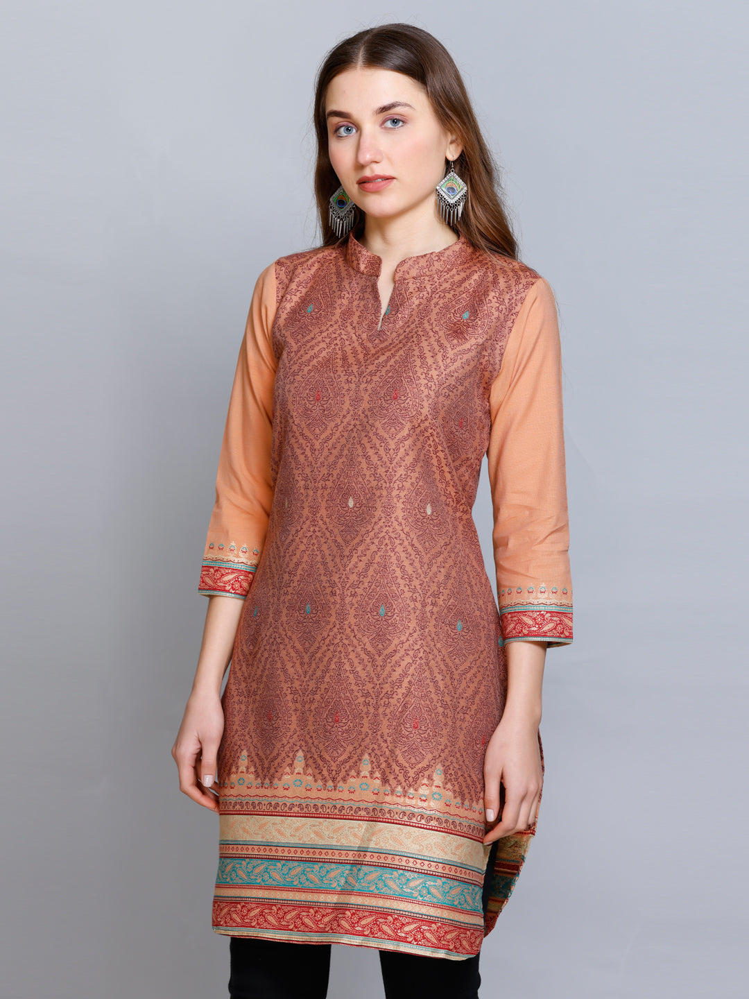 Coffee Collared Scoop Neck Cotton Silk Kurti by Kidar