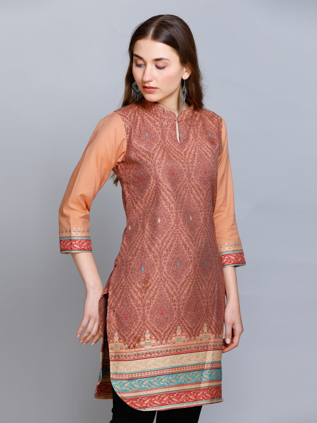 Coffee Collared Scoop Neck Cotton Silk Kurti by Kidar