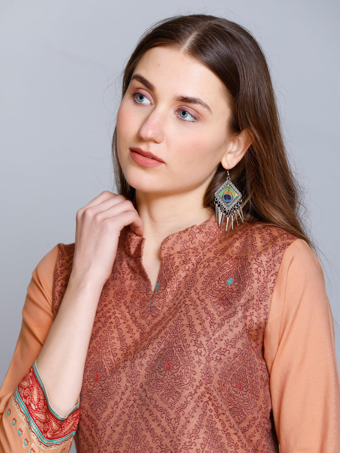 Coffee Collared Scoop Neck Cotton Silk Kurti by Kidar