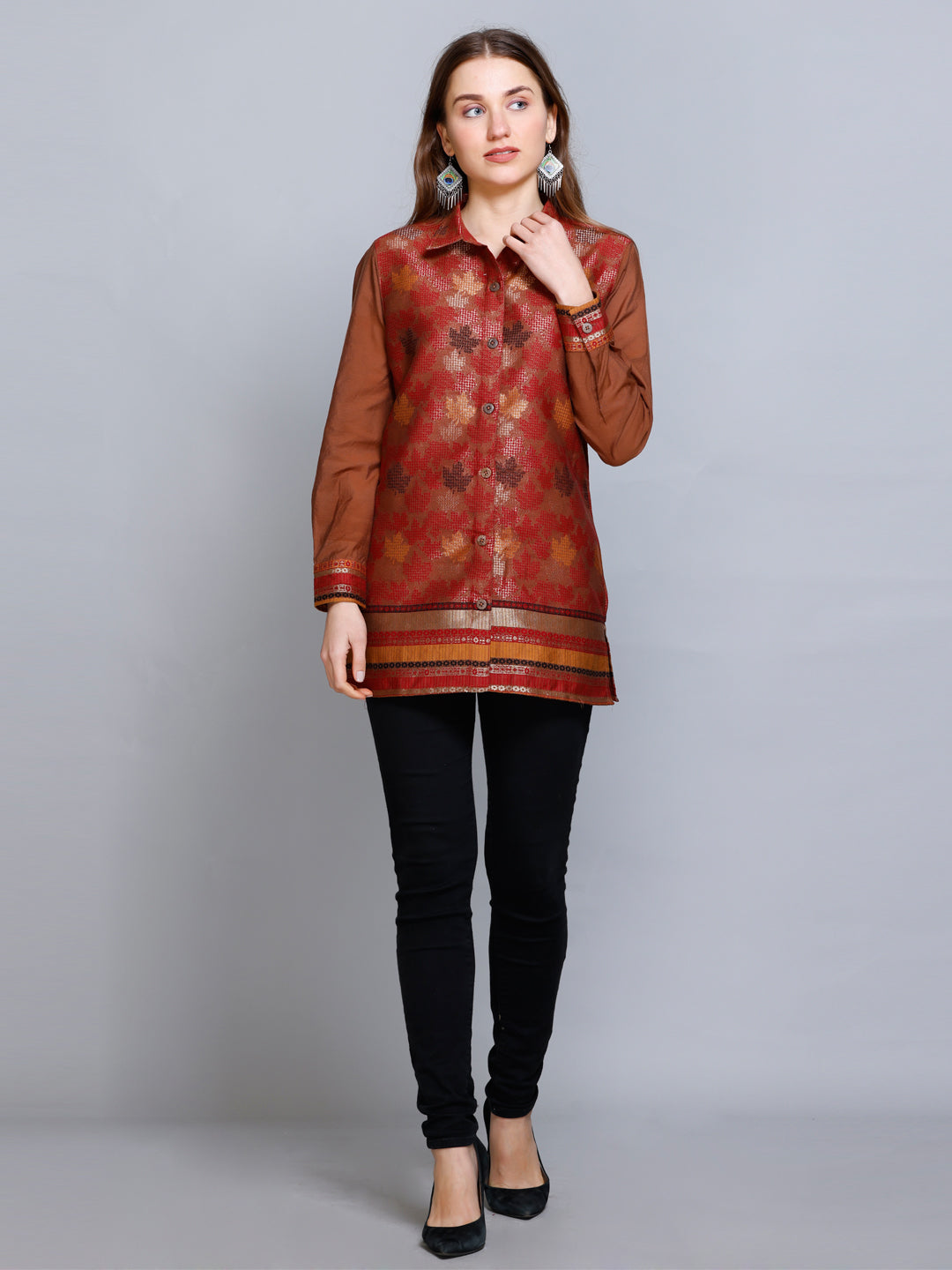 Kidar - Collared  Neck Women's Shirt in Printed Cotton Silk