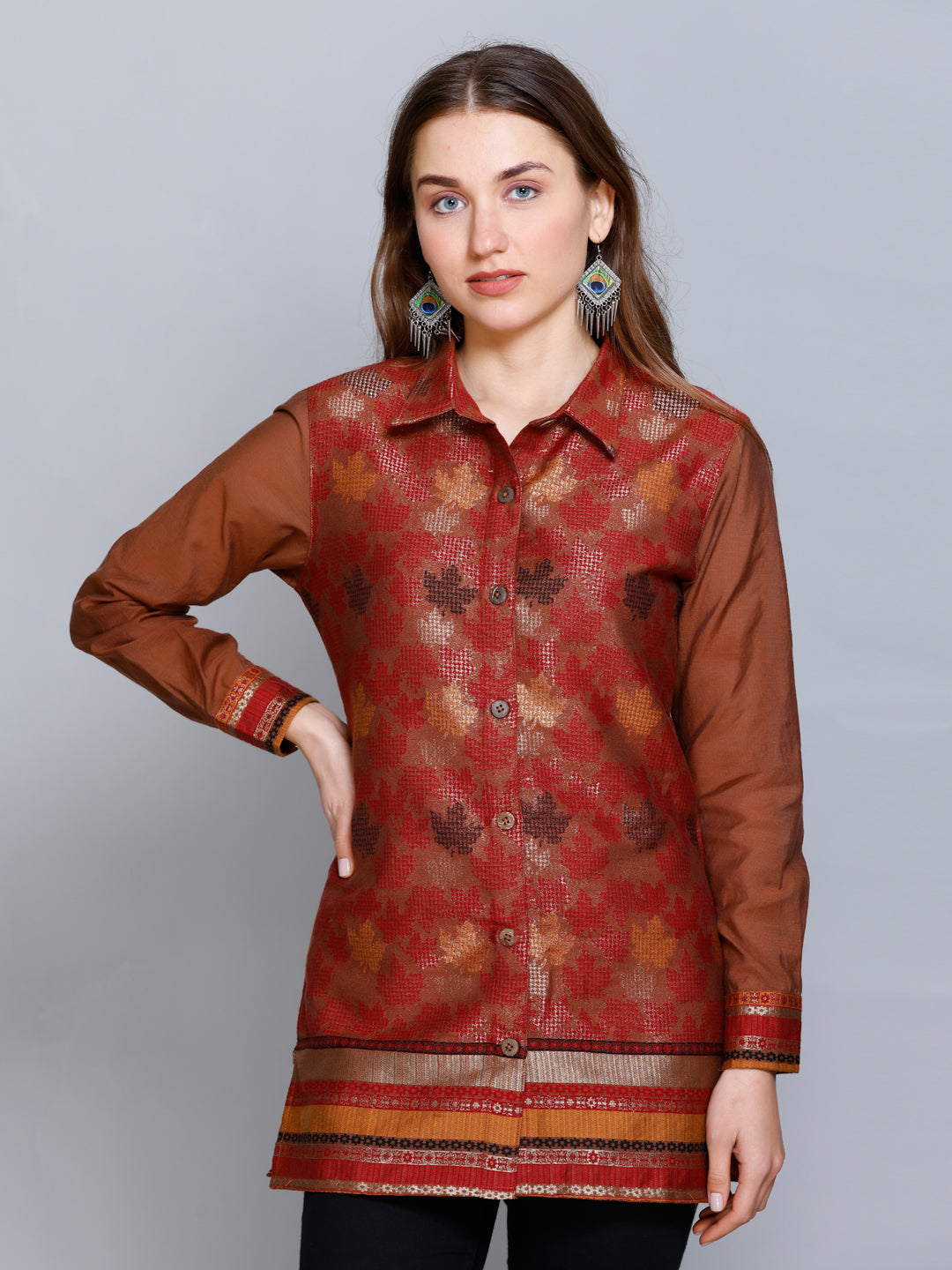 Kidar - Collared  Neck Women's Shirt in Printed Cotton Silk