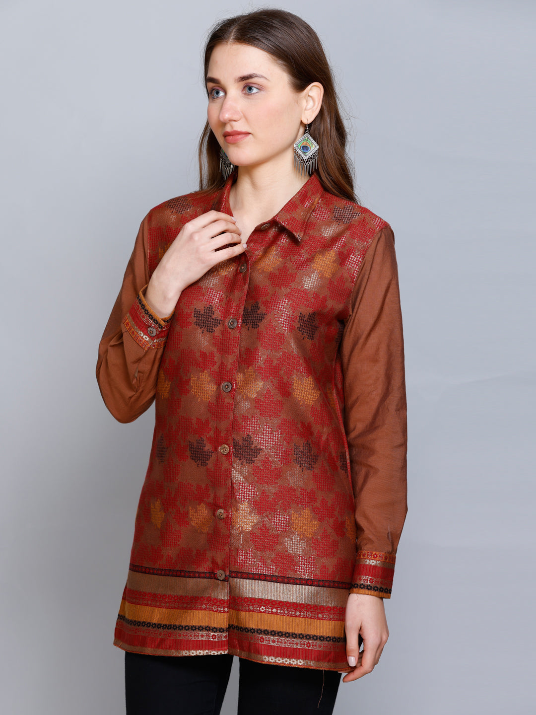 Kidar - Collared  Neck Women's Shirt in Printed Cotton Silk