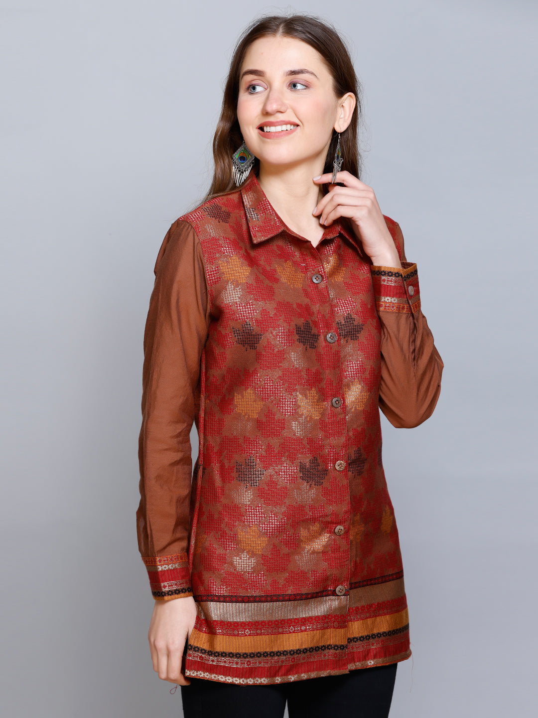 Kidar - Collared  Neck Women's Shirt in Printed Cotton Silk