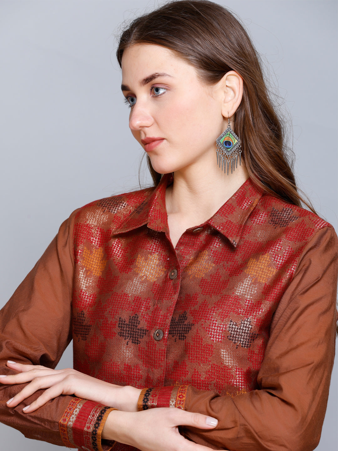 Kidar - Collared  Neck Women's Shirt in Printed Cotton Silk