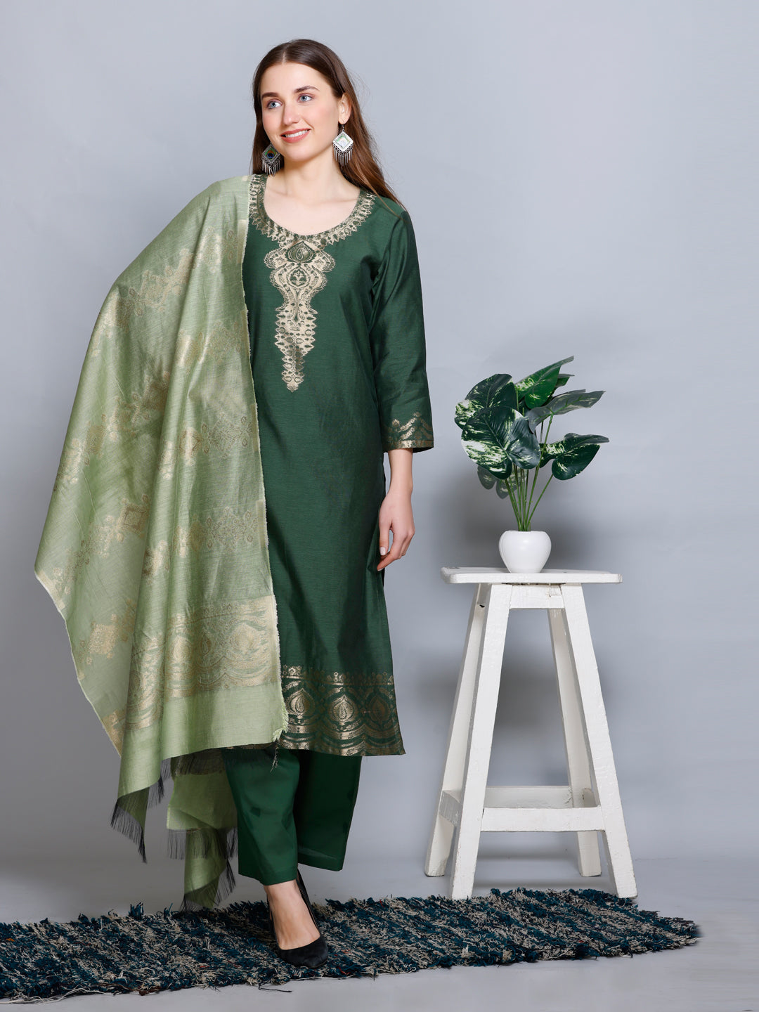 Kidar Floral Printed Kurta with Pants & Dupatta - B. GREEN