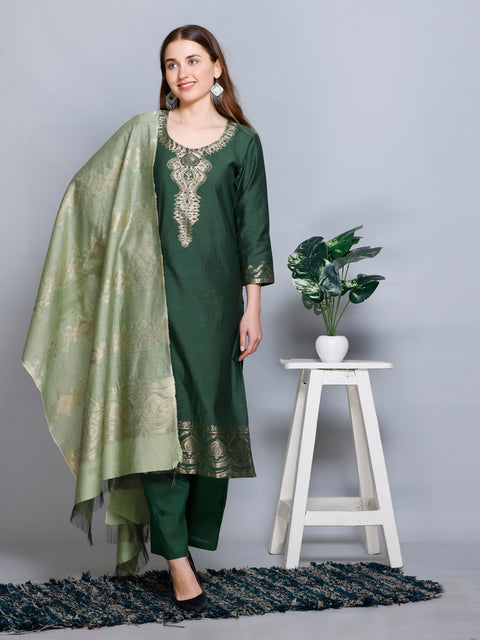 Kidar Floral Weave Kurta with Pants & Dupatta - B. GREEN