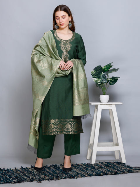Kidar Floral Weave Kurta with Pants & Dupatta - B. GREEN