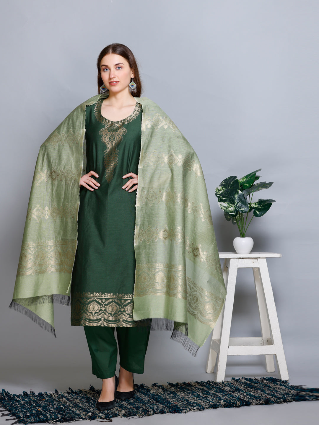 Kidar Floral Printed Kurta with Pants & Dupatta - B. GREEN