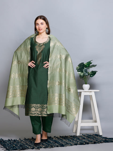 Kidar Floral Weave Kurta with Pants & Dupatta - B. GREEN
