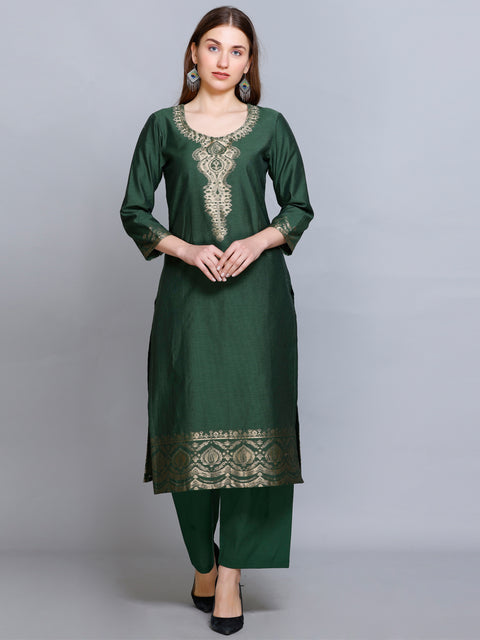 Kidar Floral Weave Kurta with Pants & Dupatta - B. GREEN