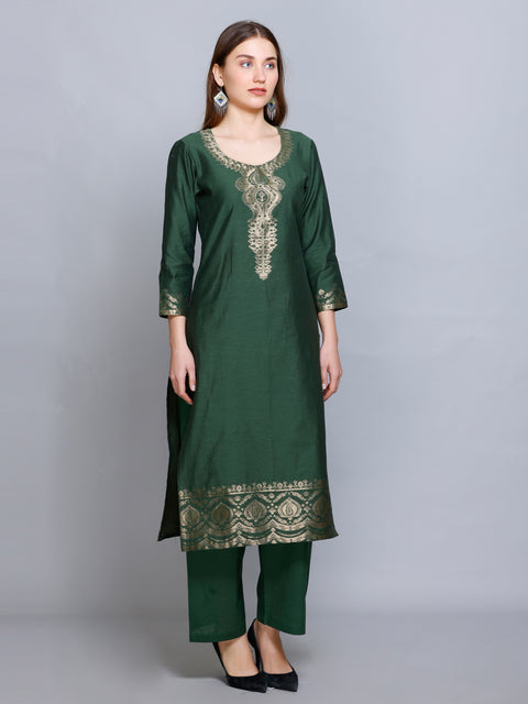 Kidar Floral Weave Kurta with Pants & Dupatta - B. GREEN