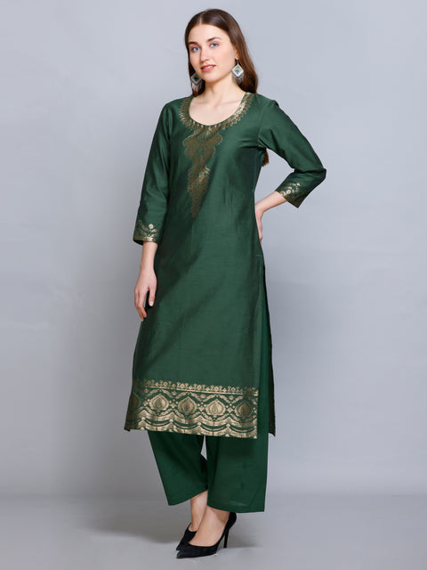 Kidar Floral Weave Kurta with Pants & Dupatta - B. GREEN
