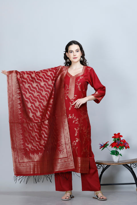 Kidar Ethnic Weave & Embordered Straight Kurta with Pant & Dupatta - MEHROON