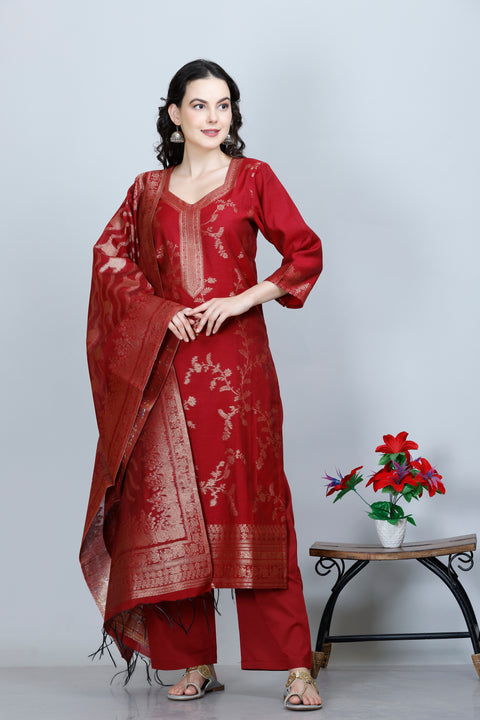 Kidar Ethnic Weave & Embordered Straight Kurta with Pant & Dupatta - MEHROON