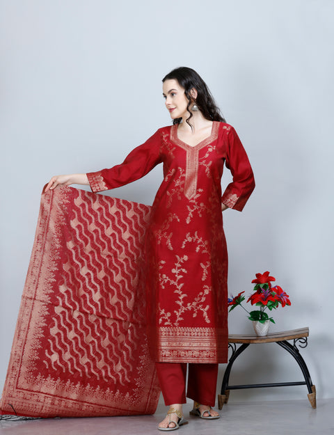 Kidar Ethnic Weave & Embordered Straight Kurta with Pant & Dupatta - MEHROON