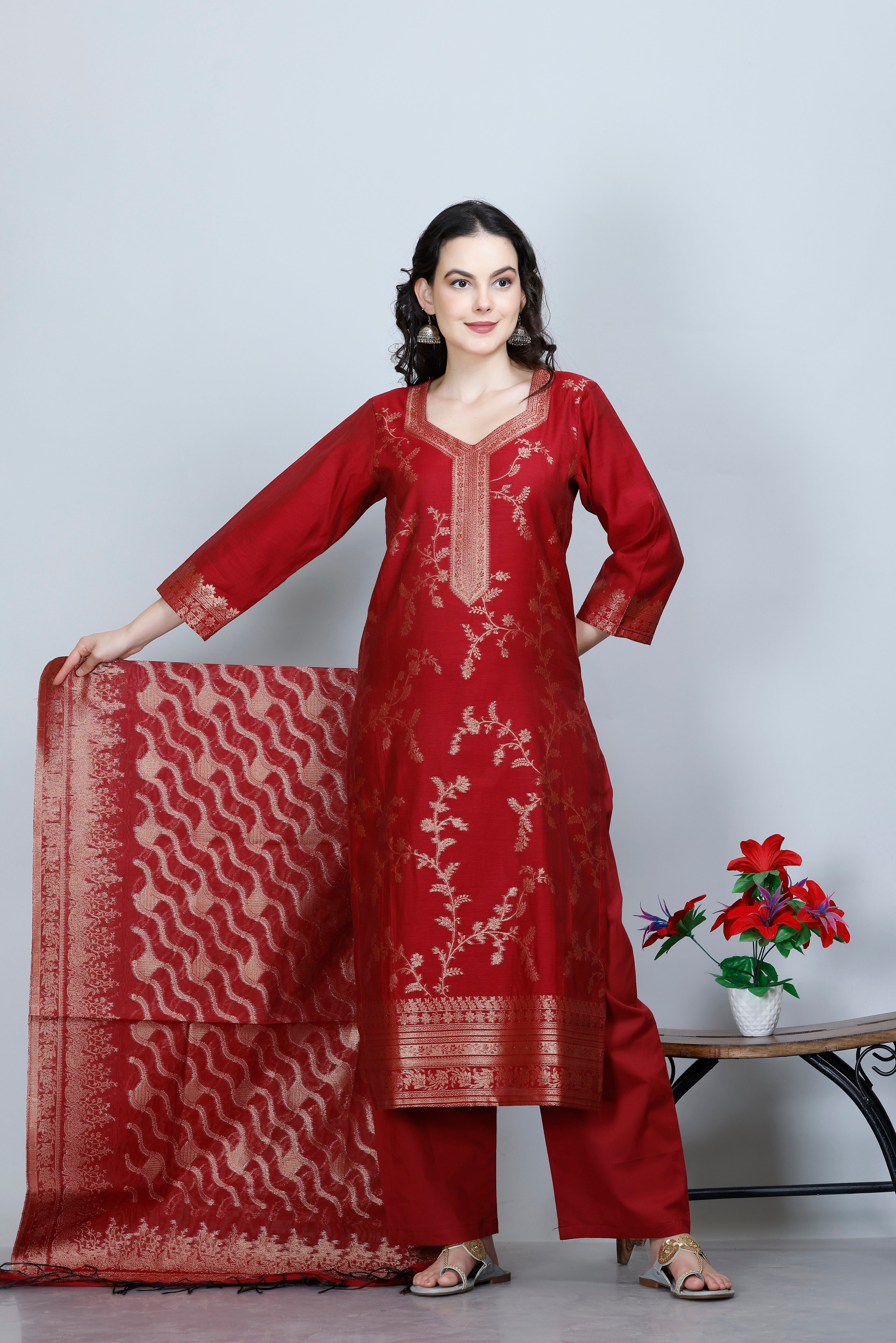 Kidar Ethnic Printed & Embordered Straight Kurta with Pant & Dupatta - MEHROON