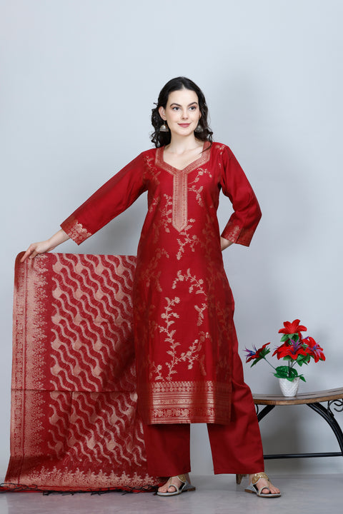 Kidar Ethnic Weave & Embordered Straight Kurta with Pant & Dupatta - MEHROON