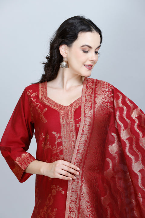 Kidar Ethnic Weave & Embordered Straight Kurta with Pant & Dupatta - MEHROON
