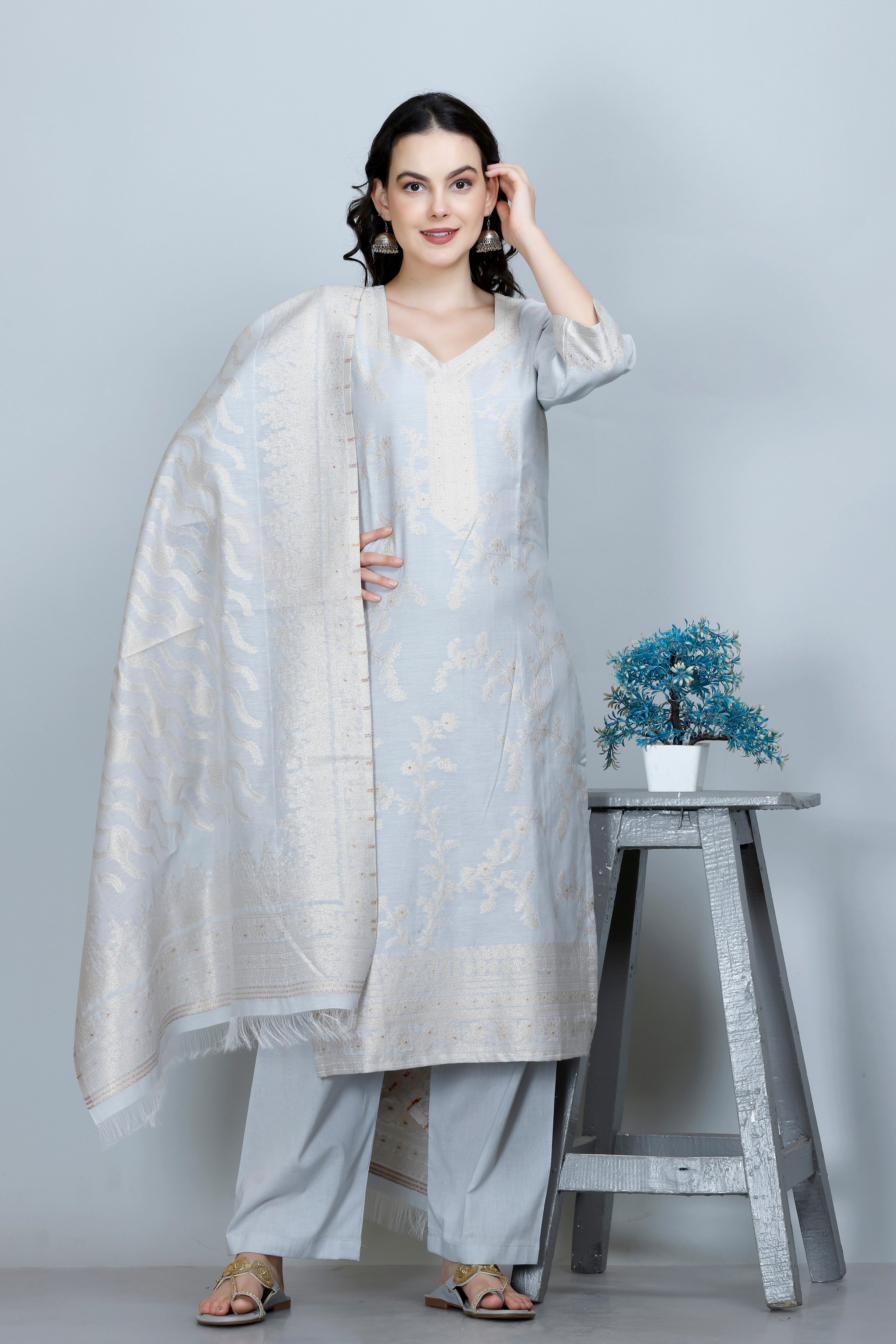 Kidar Ethnic Printed & Embordered Straight Kurta with Pant & Dupatta - WHITE