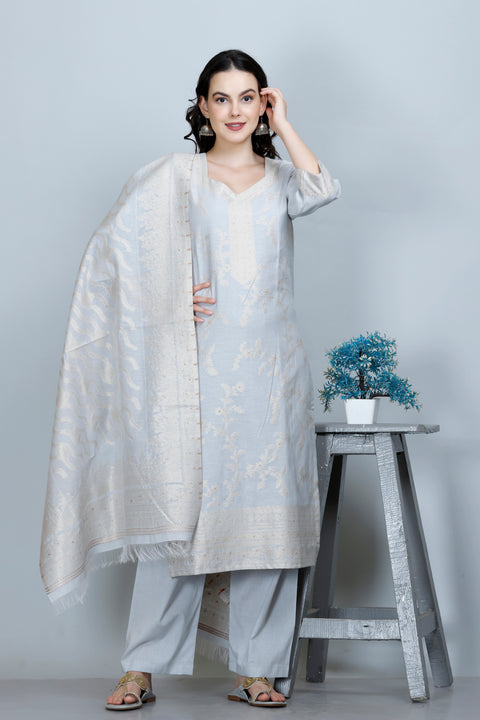 Kidar Ethnic Weave & Embordered Straight Kurta with Pant & Dupatta - WHITE