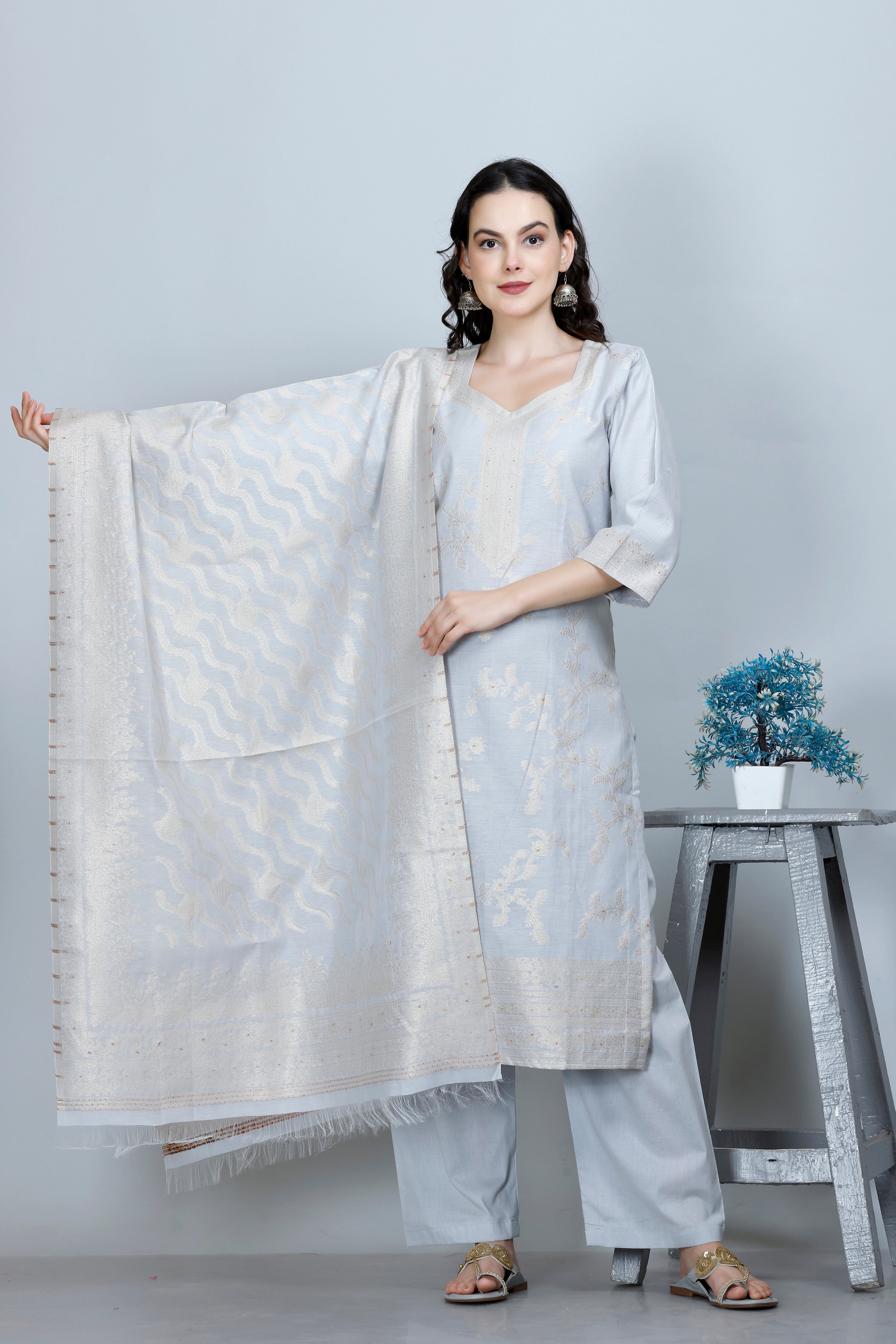 Kidar Ethnic Printed & Embordered Straight Kurta with Pant & Dupatta - WHITE