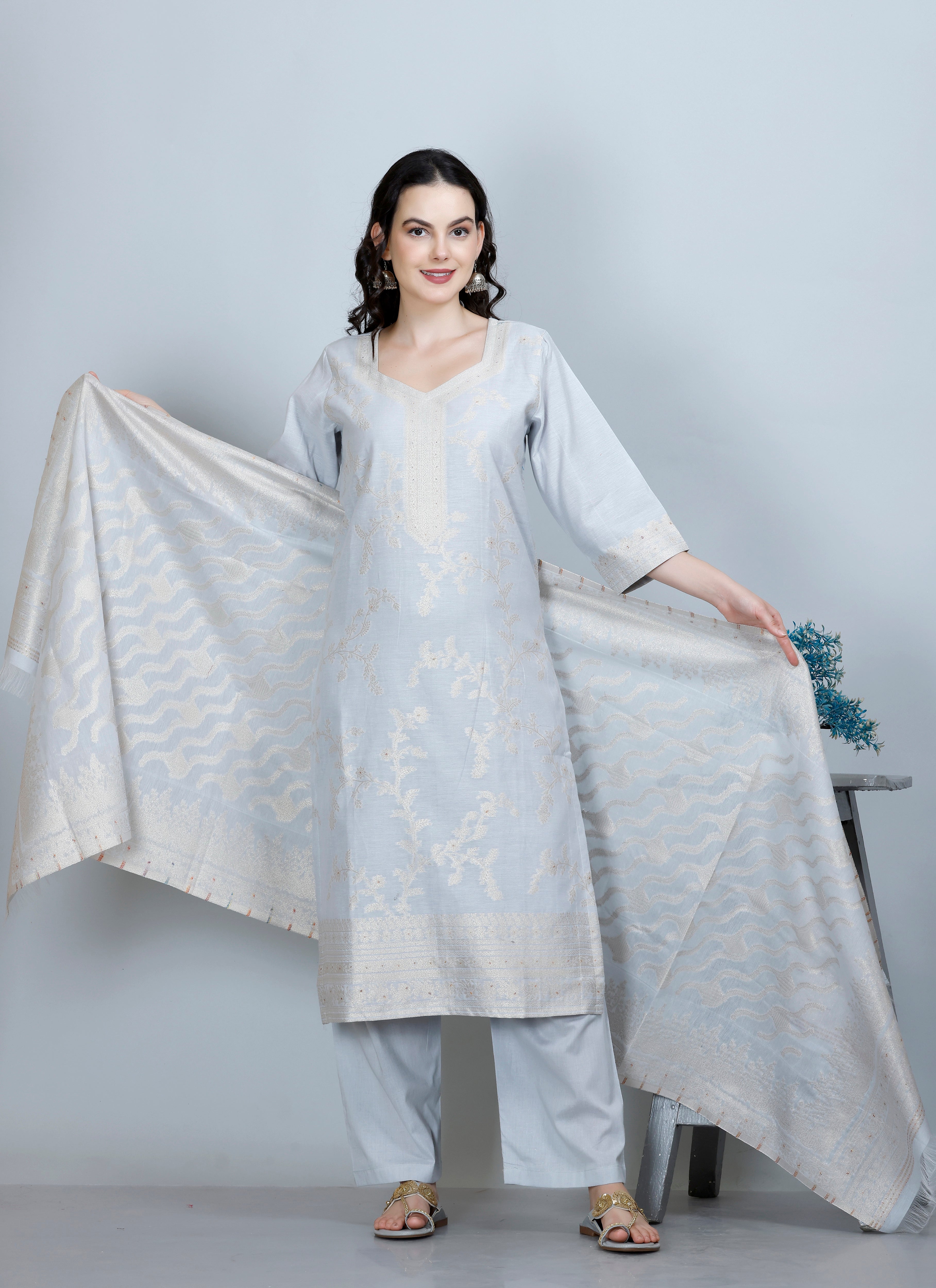 Kidar Ethnic Printed & Embordered Straight Kurta with Pant & Dupatta - WHITE