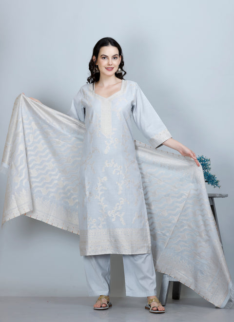 Kidar Ethnic Weave & Embordered Straight Kurta with Pant & Dupatta - WHITE