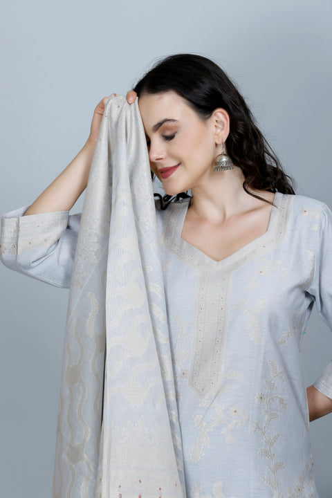 Kidar Ethnic Weave & Embordered Straight Kurta with Pant & Dupatta - WHITE