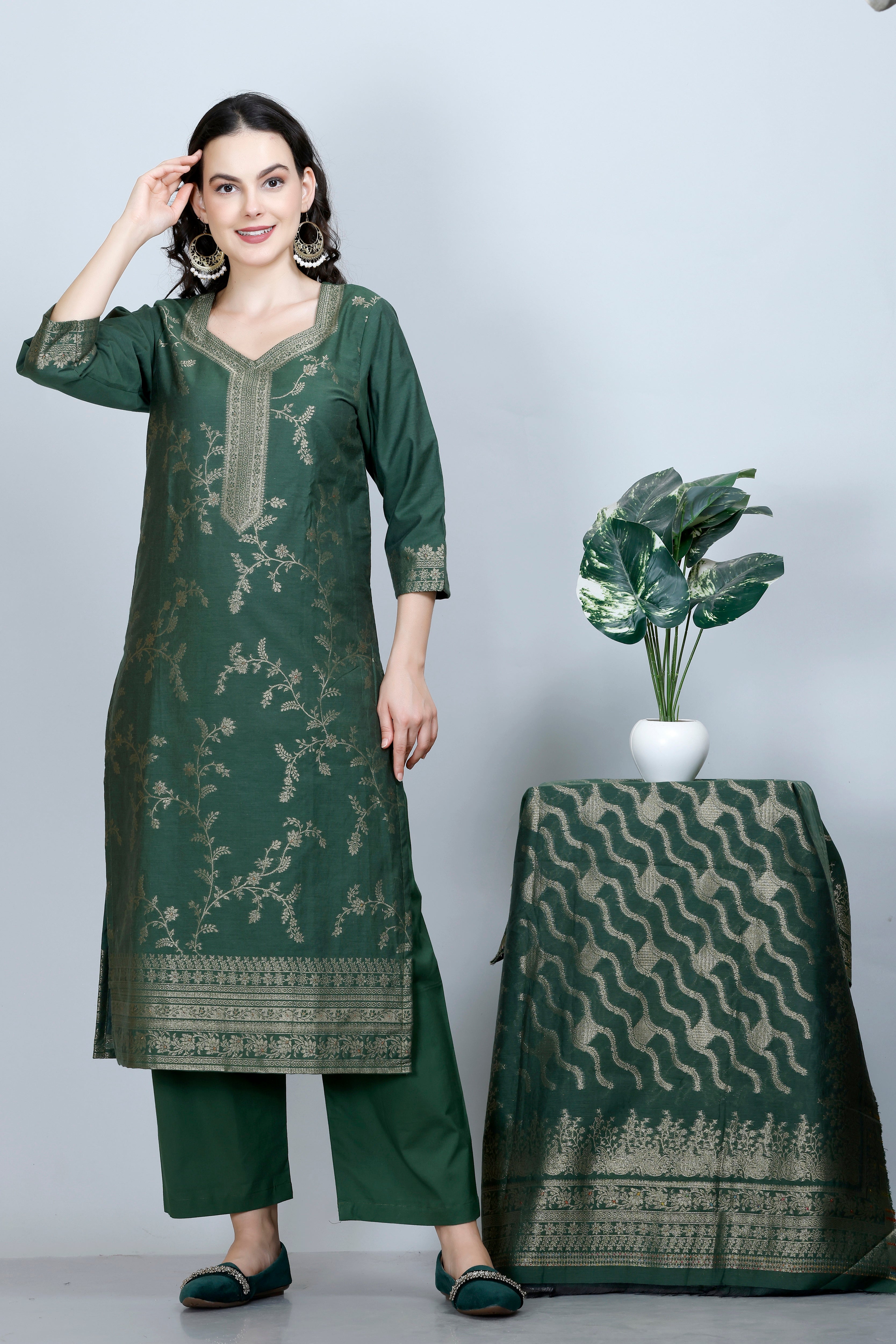 Kidar Ethnic Printed & Embrodered Straight Kurta with Pant & Dupatta - B. GREEN