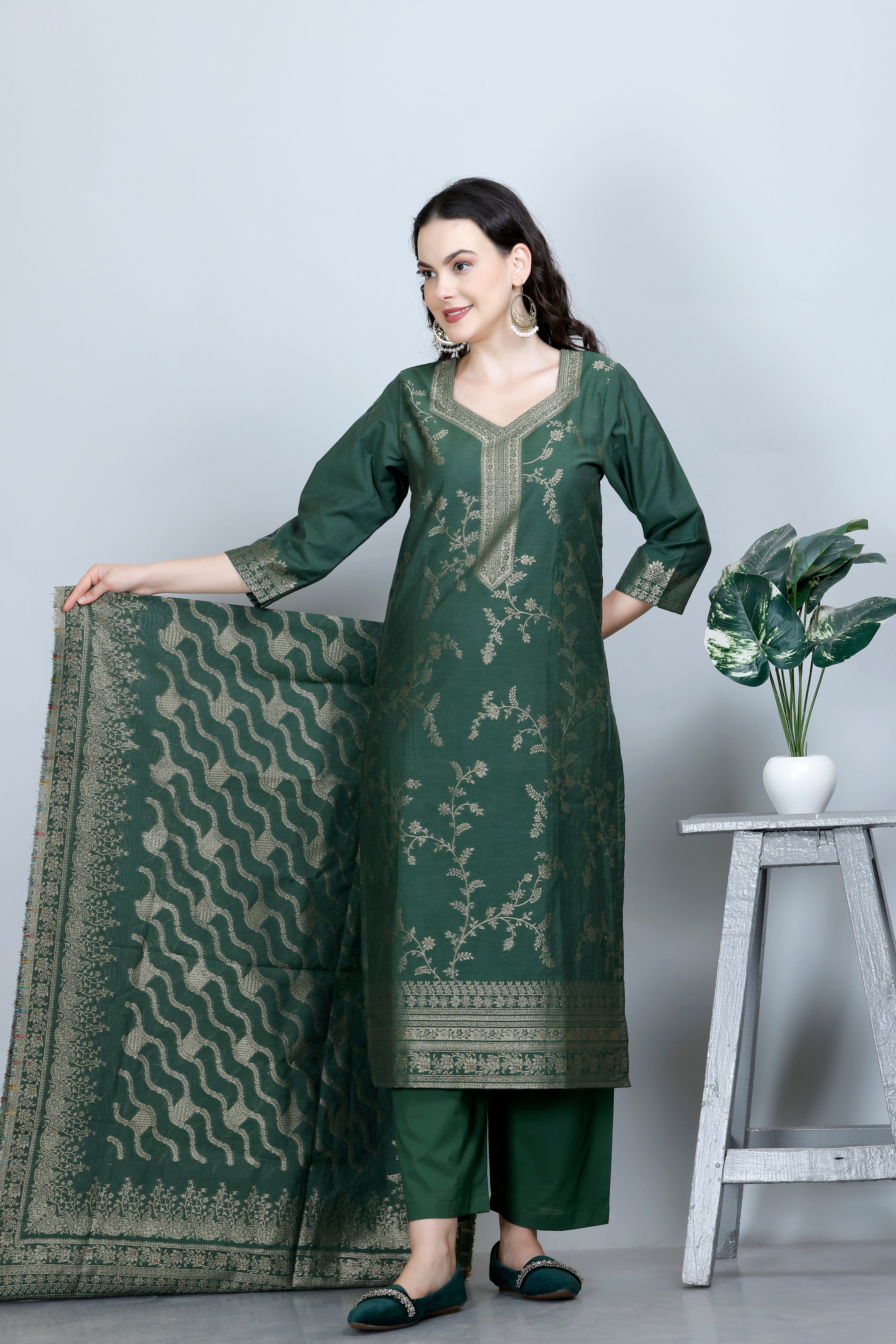 Kidar Ethnic Printed & Embrodered Straight Kurta with Pant & Dupatta - B. GREEN